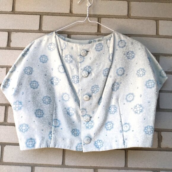 Vintage 60s Blue Silver Bolero Dress Jacket 42"B Rockabilly Shiny Brocade - Picture 1 of 13